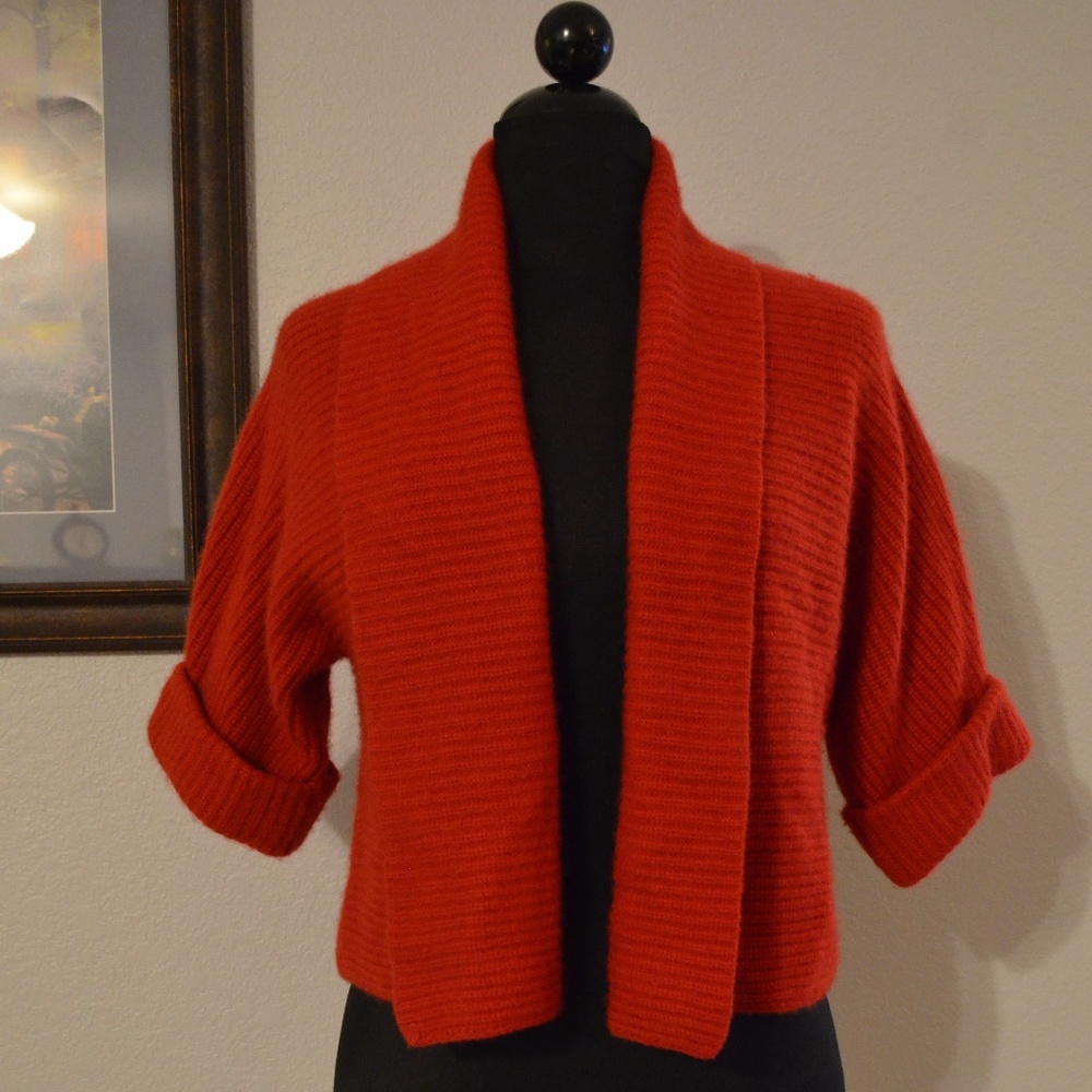 Calvin Klein Orange-Red Ribbed Open-Front Cropped Cardigan - Picture 2 of 7